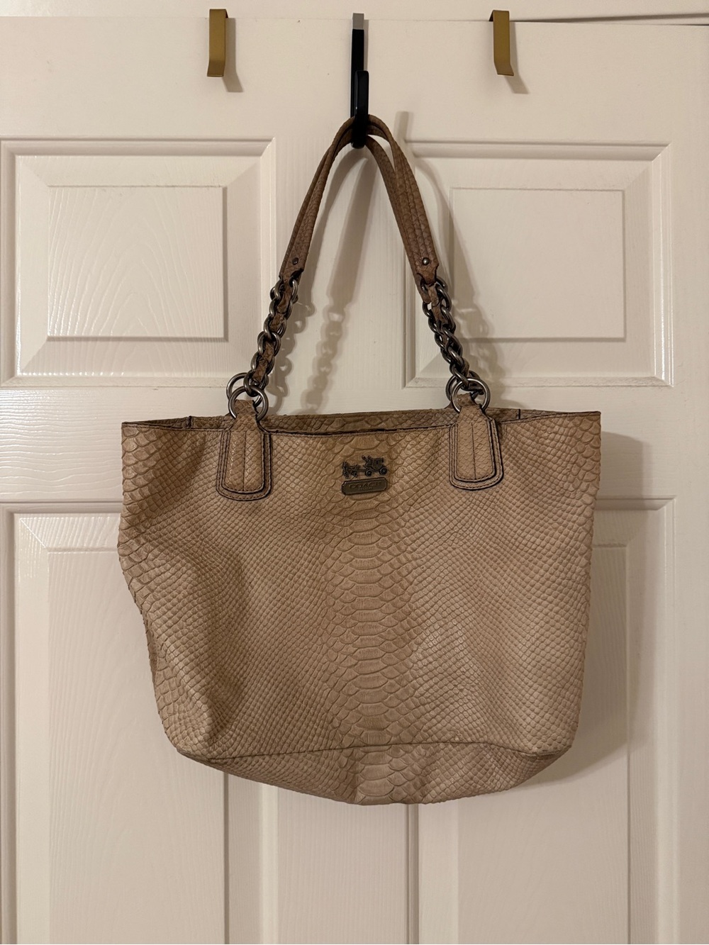 Vintage Coach Taupe Python-Embossed Leather Chain-Handle Tote
